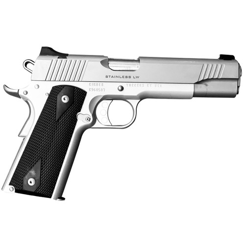 kimber stainless lw 1911 45 acp, 5" barrel, silver, black rubber grips, 7rd