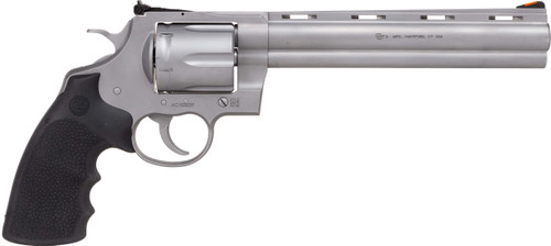 colt python 357 magnum, 8" barrel, stainless steel, black rubber grip, 6rd