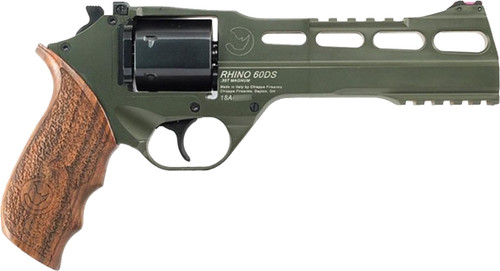 chiappa rhino 60ds 357 magnum, 6" barrel, hunter cerakote, olive drab green, walnut grip, 6rd