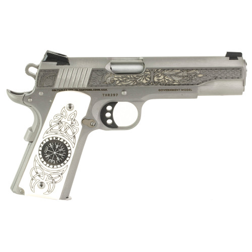 colt delta elite talo edition 10mm, 5" barrel, "old norse", stainless steel, engraved white grip, 8rd