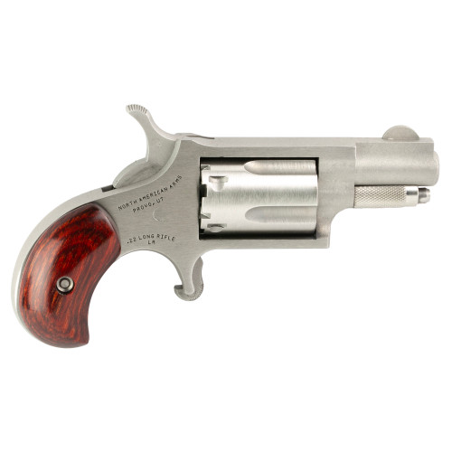 naa mini revolver 22 lr, 1.125" barrel, stainless steel, wood grip, skeleton belt buckle, 5rd