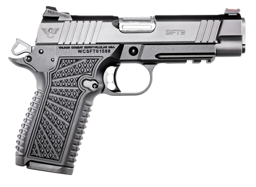 wilson combat sft9 compact 9mm, 4.25" stainless steel barrel, black, g10 sunburst grip, 15rd