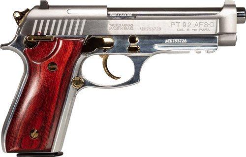 taurus pt92 9mm, 5'' barrel, stainless steel, wood grip, 