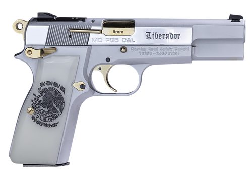girsan mcp 35 liberador *ca compliant 9mm luger 4.87" barrel, chrome optic ready/serrated slide, polished chrome w/gold controls w/beavertail, white...