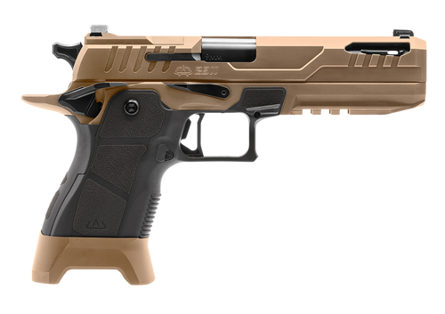oa defense 2311 pro 9mm, 5" ported barrel, desert tan, black grip, ext mag release, tritium, 4 optic plates, case, 5x21rd amag mags