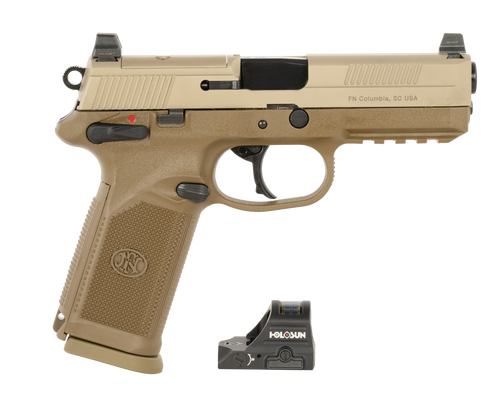 fn fnx optic 45 acp, 5.3" barrel, flat dark earth, optic ready, serrated, picatinny, holosun 407c red dot, 5x10rd