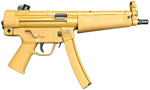 hk sp5 9mm, 8.9" threaded barrel w/tri lug, ral8000 fde finish, iron sights, ambi safety, 2x30rd mags