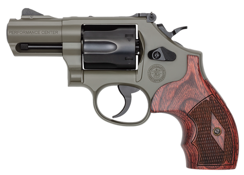smith & wesson model 327 performance center 357 mag/38 special, 5" barrel, scandium, cerakote moss green, black cylinder, adj rear, gold bead front,...