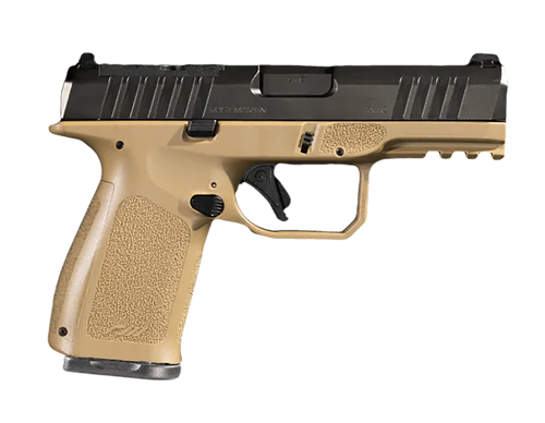 rost martin rm1c california 9mm, 4" barrel, black, tenifer optic ready/serrated slide, flat dark earth, picatinny, textured grip, 10rd