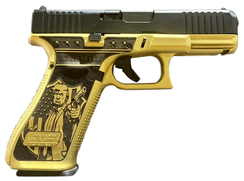 glock g45 9mm gen5 mos don wick, 4.02" black gmb barrel, black ndlc, serrated, gold trump engraving, picatinny, 17rd