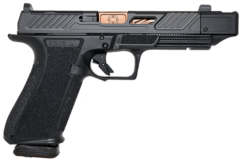 shadow systems dr920 elite 9mm, 4.48" bronze spiral fluted barrel, compensator, nitride black slide, optics ready, trig safety, tritium front, 2x10rd...