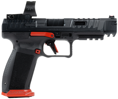 canik sfx rival optic package 9mm 5" barrel, ported/serrated slide, black w/red accents, mecanik m03 red dot, 18 rd