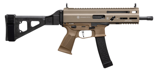 grand power sp9a1 stribog 9mm, 8" threaded barrel, m-lok, flat dark earth, picatinny rail, black sb tactical brace, 30rd