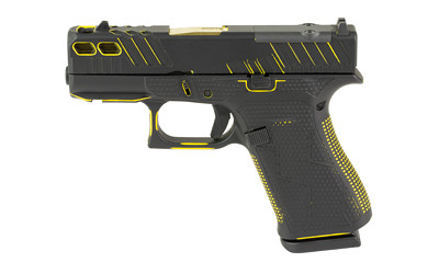 glock 43x m.o.s. sub-compact, 9mm, 3.41" barrel, custom black and yellow cerakote finish, optic ready, zaffiri gold compensated barrel, 10 rd