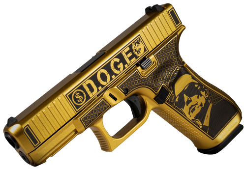 glock g45 gen5 9mm, 4" black gmb barrel, glamour gold cerakote, serrated, d.o.g.e., trump and elon, 17rd