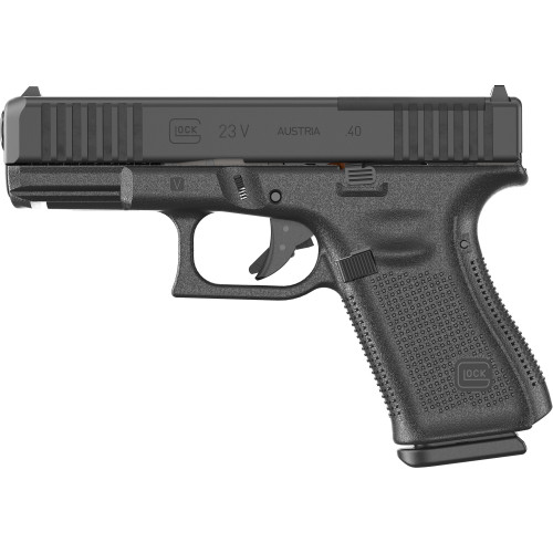 glock 23v m.o.s. v series, compact, 40s&w, 4.02" marksman barrel, ndlc finish, fixed sights, ambidextrous slide stdextrous slide stop lever, flared...