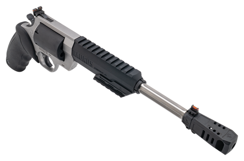 taurus raging hunter, 350 legend, 10.5" barrel, matte finish, stainless, two tone black and silver, muzzle brake, picatinny rail, black rubber grip,...