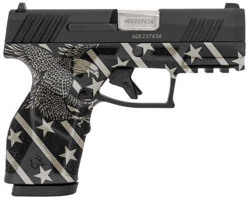 taurus gx2 9mm, 3.38" barrel. matte finish, black and white, custom eagle engraving on grip, manual safety, white dot front and drift adjustable rear...