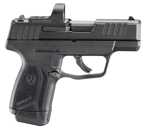 ruger max-9 red dot 9mm, 3.20" barrel, black oxide, adj rear sight, optics ready, thumb safety, 12rd mag, ruger ready dot micro reflex sight