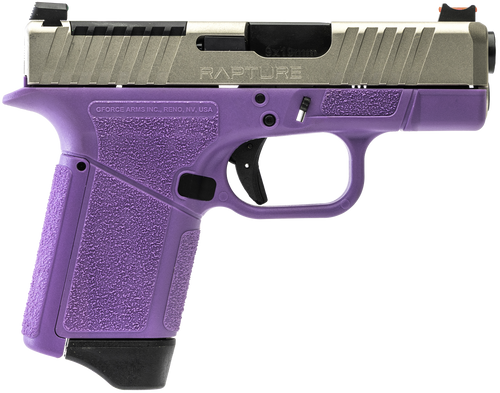 gforce arms rapture 9mm, 3.25" barrel, nickel optic cut/serrated slide, purple cerakote, shield rmsc/rmr footprint, 12rd