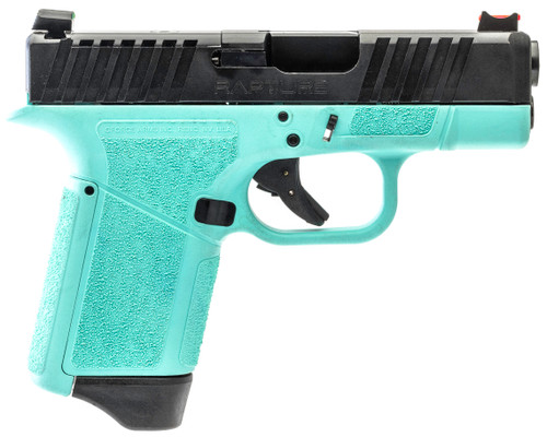 gforce arms rapture 9mm, 3.25" barrel, black cerakote steel optic cut/serrated slide, robin egg blue cerakote, shield rmsc/rmr footprint, 12rd
