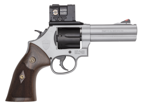 smith & wesson 686 plus spec series r revolver 357 mag/38 special +p, 4.13" ported barrel, aimpoint acro p-2 optic, checkered wood grips, 7 rd