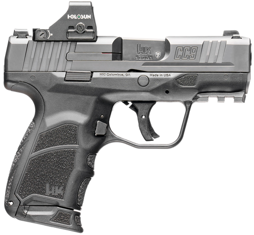 hk cc9 9mm, 3.32" polygonal barrel, holosun hs 407k, serrated slide, picatinny rail, interchangeable backstraps, 10rd