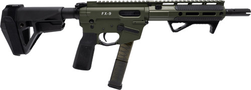 freedom ordnance fx9 elite 9mm, 8" barrel, flash suppressor, olive drab, sba5 brace, bravo b5 grip-trigger guard, warhammer charging handle, angled...