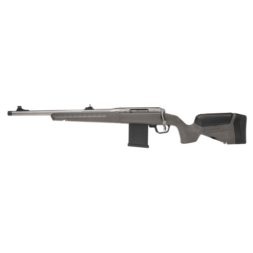 savage 110 ridge hunter 308 winchester, 18" barrel, threaded, matte, stainless, flat dark gray trophy stock, iron sights, 10rd, 1 magazine, left hand