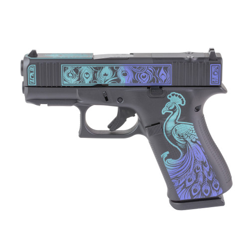 glock 43x m.o.s. sub-compact, 9mm, 3.41" barrel, custom peacock cerakote finish by shark coast tactical, black, blue and teal, fixed sights, 10...