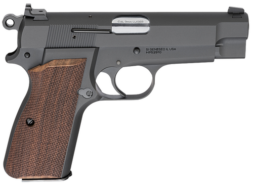 springfield sa-35 hi-power 9mm, 4" barrel, black carbon steel, serrated, checkered walnut grip, 15rd