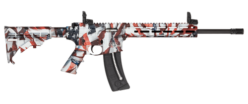 smith & wesson m&p15-22 sport 22 lr, 16.5" carbon steel barrel, threaded 1/2x28, a2 flash hider, cerakote red, white and blue flag, car stock