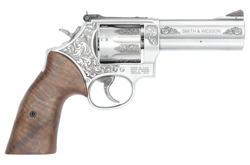 smith & wesson model 686 plus 357 mag/38 special, 4.13" barrel, engraved, stainless steel, high-grade walnut grips, adj rear sight, 7rd