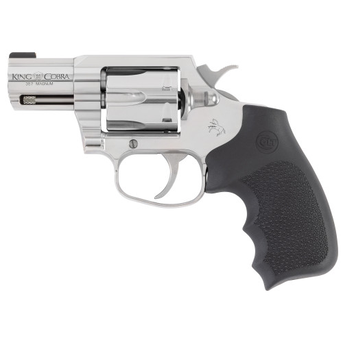 colt king cobra carry 357 magnum, 2" barrel, brushed stainless silver, hogue rubber grips, brass bead front sight, 6rd kcobrasb2rbbs