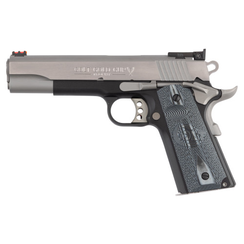 colt gold cup 38 super, 5" stainless national match barrel, brushed stainless, serrated, black/stainless, beavertail, blue g10 grip, 9rd