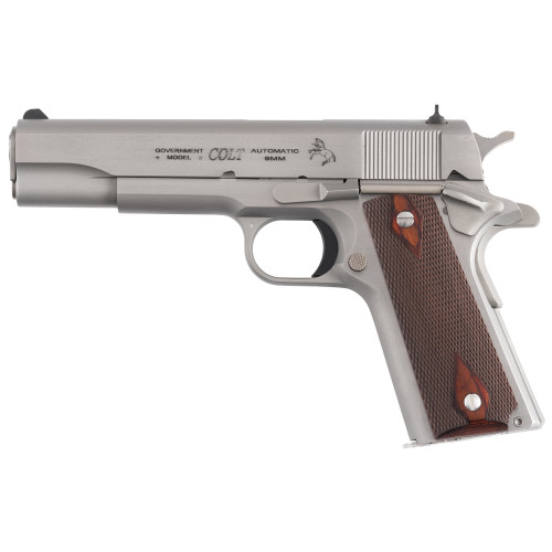 colt 1911 government 9mm, 5" stainless national match barrel, stainless serrated slide, beavertail, double diamond checkered wood grip, 9rd
