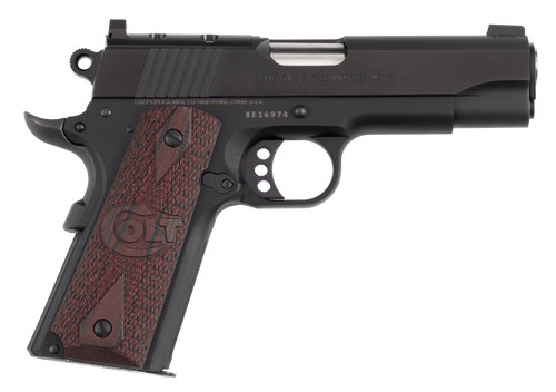 colt 1911 lightweight commander 45 acp, 4.25" stainless barrel, matte black carbon steel, optic ready-serrated, beavertail, black cherry g10 grips,...