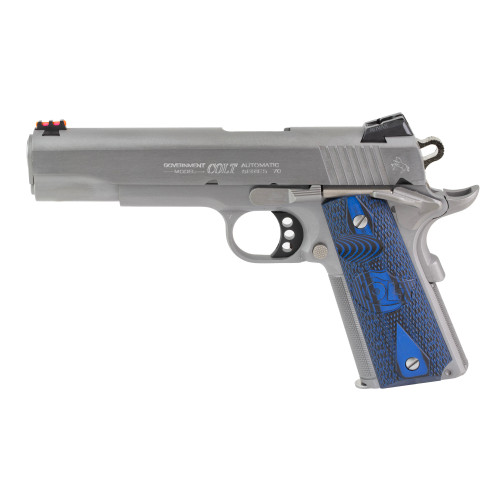 colt competition 38 super, 5" national match barrel, stainless steel, serrated, beavertail, competition blue g10 grip, 9rd