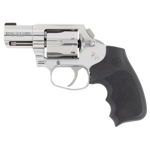 colt king cobra carry 357 magnum, 2" barrel, brushed stainless steel silver, hogue rubber grips, brass bead front sight, 6rd kcobrasb2rbb