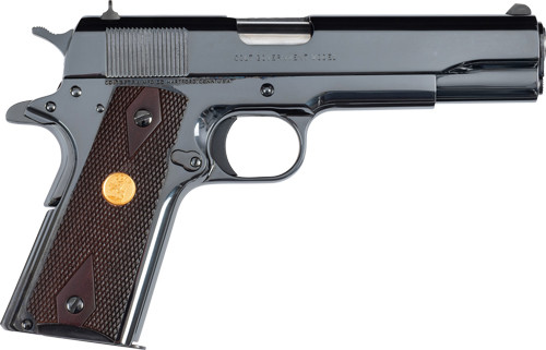 colt government 1911 45 acp, 5" barrel, bright stainless steel rosewood checkered grips, fixed sights, 8rd