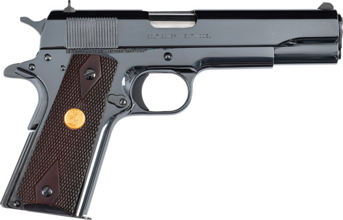 colt government 1911 38 super, 5" barrel, royal blue finish, double diamond and gold medallion grips, fixed sights, 9rd, 1 magazine