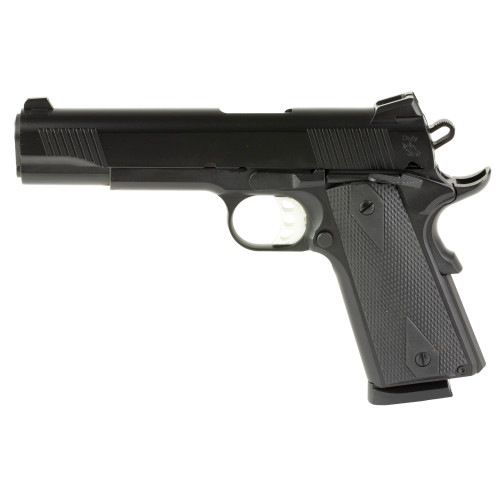 tisas 1911 b45, 1911 45 acp, 5" barrel, cerakote finish, black, rubber overmolded grips, novak white dot sights, 8rd, 2 mags