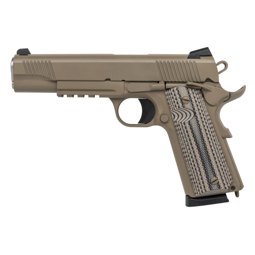 tisas 1911 carry b45rdg, 1911 45acp, 5" barrel, cerakote finish, flat dark earth, sunburst texture g10 grips, novak white dot sights, 8rd, 2 mags