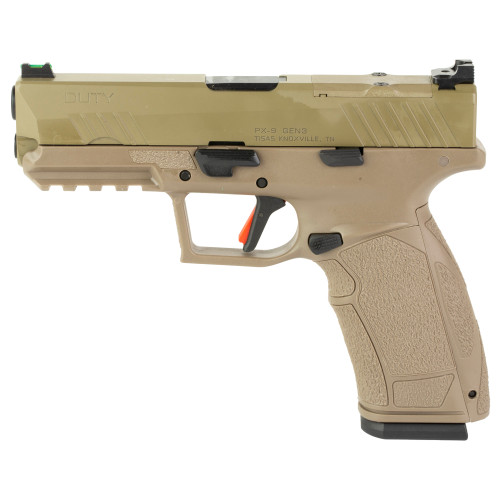 tisas px-9 gen 3 duty, compact, 9mm, 4.11" barrel, cerakote finish, flat dark earth, trigger safety, fiber optic front sight, optic ready, 20rd, 2...