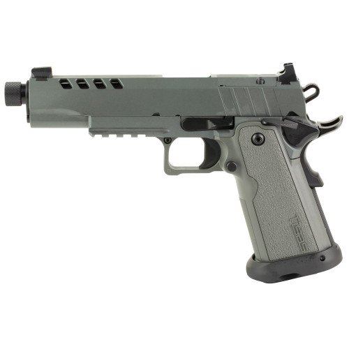 tisas 1911 b9r night stalker ds, sao, 9mm, 5.55" threaded barrel, cerakote finish, gray, light rail, optic cut, manual safety, black rear/ tritium...