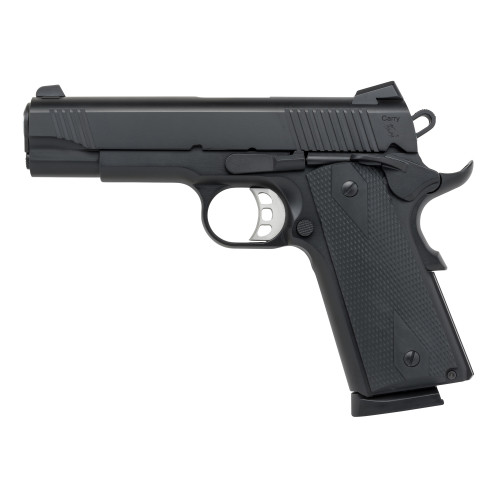 tisas 1911 carry b45, 1911, commander, 45acp, 4.25" barrel, cerakote finish, black, rubber overmolded grips, novak white dot sights, 8rd, 2 mags