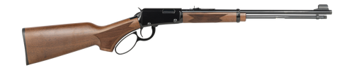 henry h1 western frontier 22 lr, 18.5" barrel, blued, straight grip american walnut stock, adj semi-buck rear, hooded blade front sight, 15rd