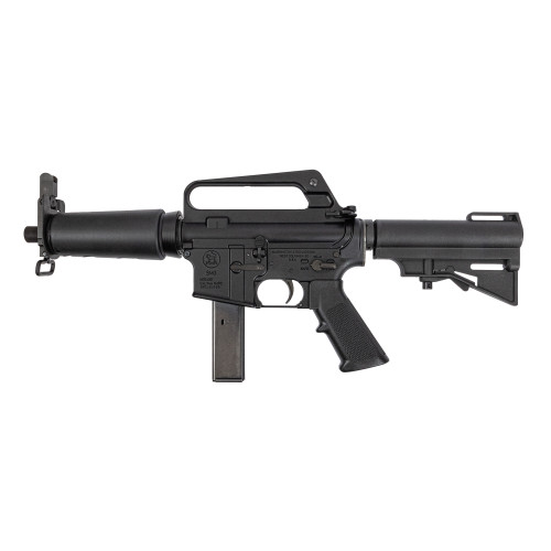 h&r doe pistol, 9mm, 7.5" barrel, anodized black, a2 pistol grip, har-15 adj pistol brace, carry handle iron sights, 20 rd