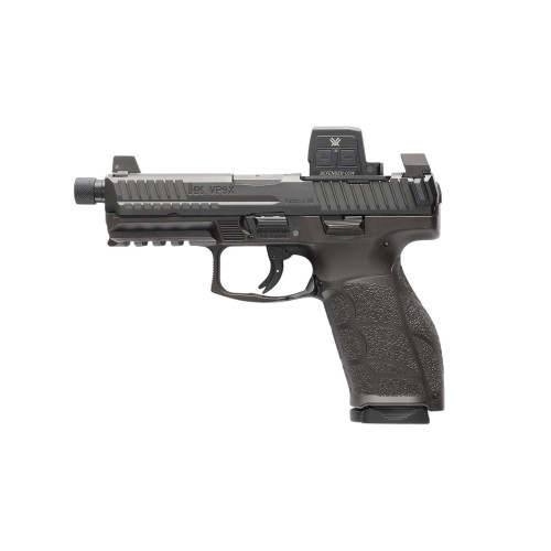 hk vp9a1 x-tactical 9mm, 4.7" threaded barrel, matte black, suppressor height 3-dot sights, tritium front, optics ready, 2x10rd mags, vortex ccw red...