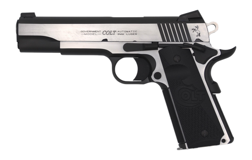 colt combat elite government, 1911, full size, 9mm, 5" barrel, two-tone silver and black, g10 grips, novak night sights, optic ready, ambidextrous...
